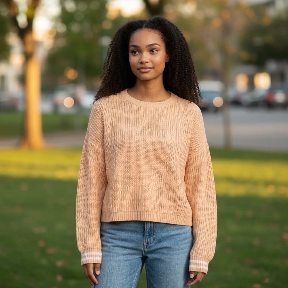 Forever 21 cropped crewneck peach ribbed sweater with white cuff stripes small S